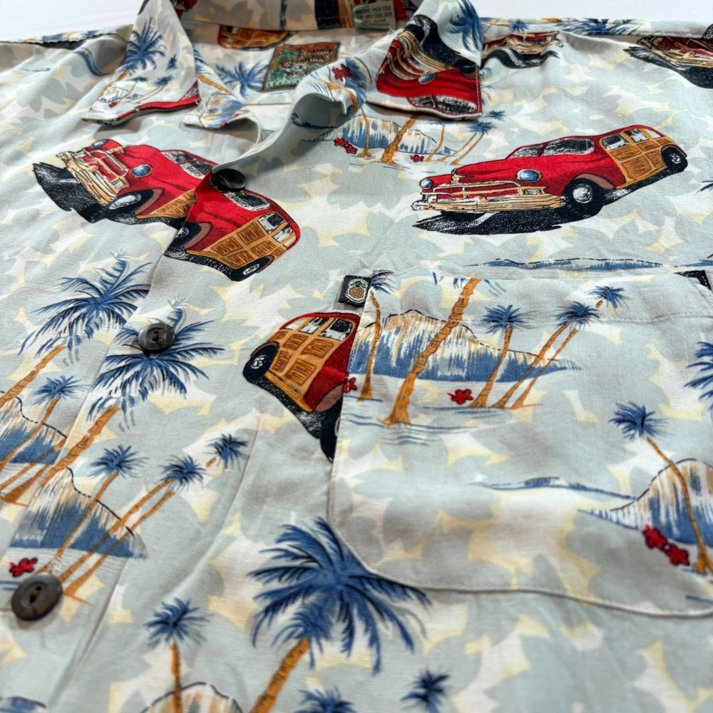 Pineapple Connection Mens‎ Hawaiian Shirt L Blue Rayon Woodie Car Palm Tree Surf